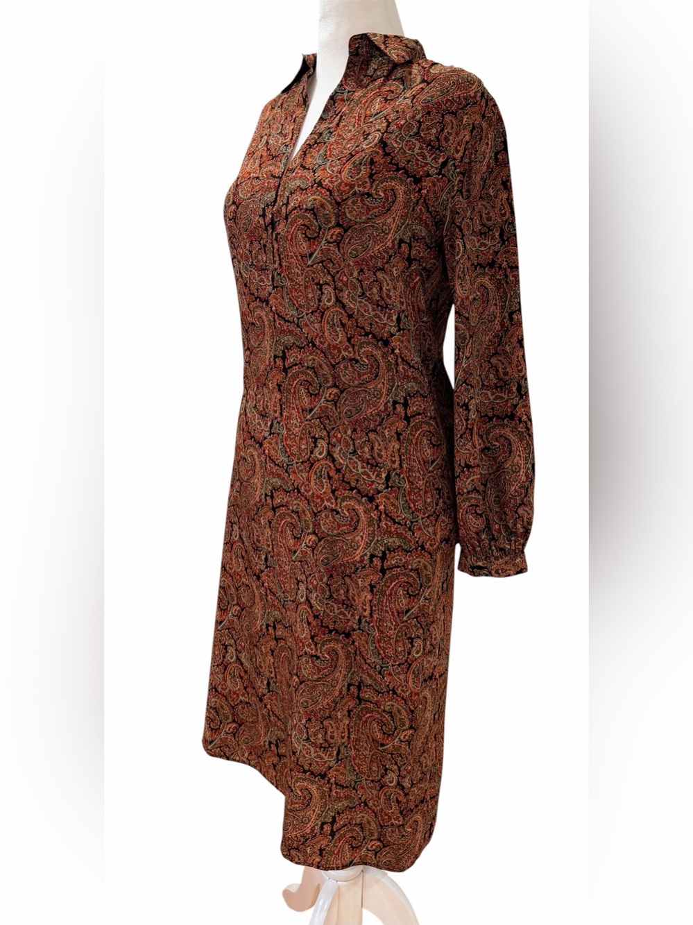 Nili Lotan Paisley 100% Silk Pintuck Midi Shirt Dress Rust Olive Fall Colors XS